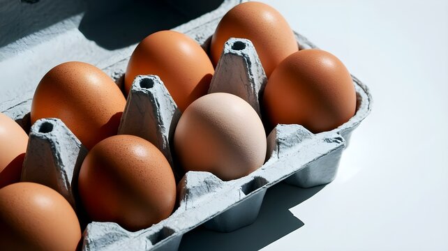 A carton filled with fresh brown and beige eggs on a white background, studio shot.