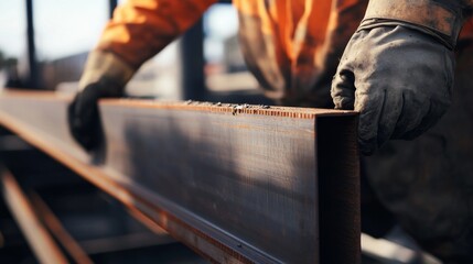 Ironworker securing steel beams in a construction site. Featuring metalwork and building structure