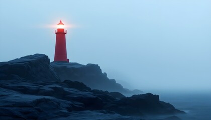A solitary red lighthouse stands guard on a rocky coast, illuminating the foggy sea under a gray sky.