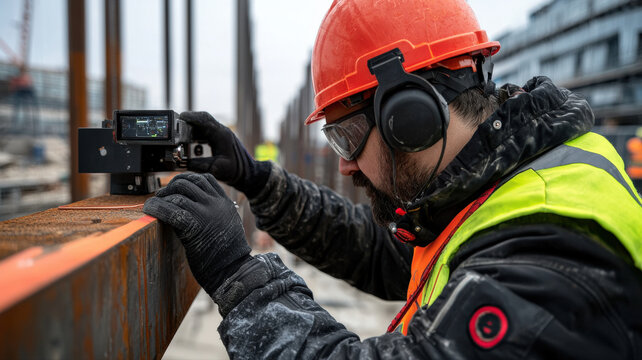 Inspector using ultrasonic testing equipment to detect flaws in a steel beam, futuristic civil engineering