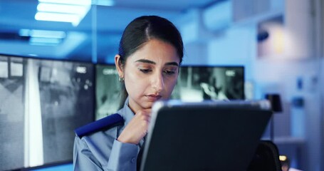 Tablet, security guard or woman with cctv screen in night or thinking for safety or video surveillance. Camera footage, digital monitor and person with tech in control room for late shift protection
