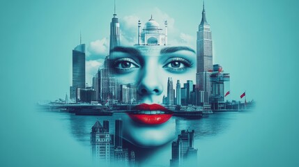 Womans face overlaid with international cityscapes and famous landmarks