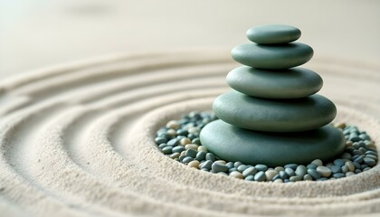 A stack of zen stones in a tranquil garden setting with meticulously raked sand.