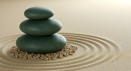 A serene zen garden scene with a stack of smooth, dark stones on raked sand, representing peace.