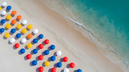 Obraz premium Colorful beach umbrellas arranged on the sand next to the beautiful, crystal-clear ocean waters.