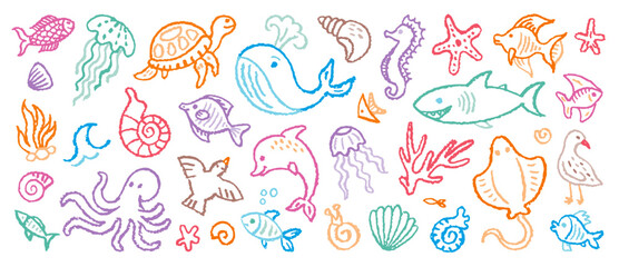 Sea animal kid crayon background. Children fish and underwater hand drawn bg. Ocean animal octopus whale shark fish turtle. School pencil icon. Cute sea life summer vector. Kid chalk underwater sketch