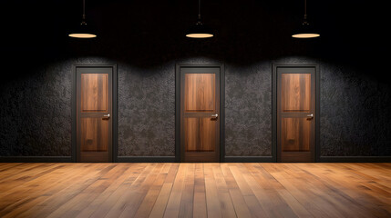 Fototapeta premium Three doors with wooden frames are lined up in a hallway