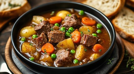 Hearty Beef Stew with Vegetables in a Dark Bowl on a Rustic Table