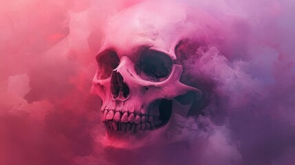 Pink Human Skull Emerging from Purple and Pink Clouds