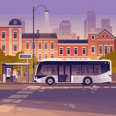 Modern Electric City Bus at Urban Bus Stop