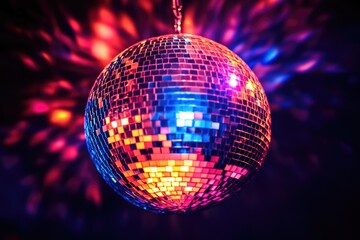 Obraz premium A vibrant disco ball reflects colorful lights, creating a dazzling spectacle of nightlife energy and festive ambiance.
