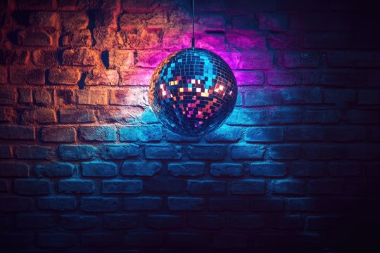 Disco ball hanging against a brick wall illuminated with vibrant neon lights.