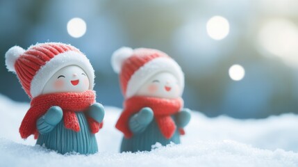 Two joyful winter ornaments dressed in warm hats and scarves stand in the snow, radiating happiness and playfulness