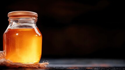 A glass jar filled with golden honey stands on a dark surface, illuminated softly to highlight the honey's rich texture and color