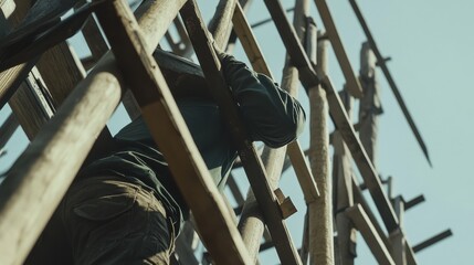 Laborer adjusting scaffolding at a construction site. Featuring safety and teamwork