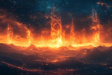 Futuristic landscape featuring glowing volcanic crystals unique ecological energy source in sci-fi environment, Generative AI