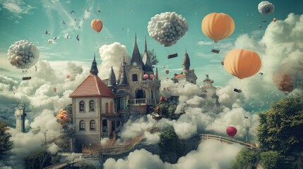 Fototapeta premium Fantasy scene with floating castles and balloons in sky