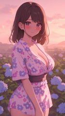 Beautiful Anime Girl in a Floral Kimono Dress