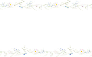 Watercolor floral seamless border. Meadow blue forget-me-not flowers, wild yellow daisy, chamomiles, green branches.