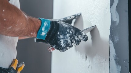 Laborer applying finishing touches to a drywall installation at a construction site. Featuring skill and focus