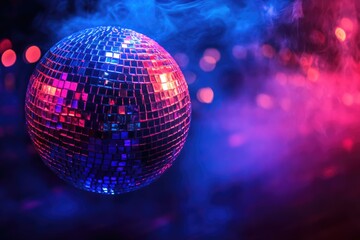 Obraz premium Disco ball reflecting vibrant purple and blue lights in smoky atmosphere, creating a festive and energetic ambiance.