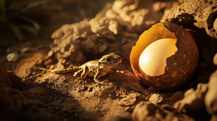 Lizard Hatchling Near Broken Eggshell on Rocky Terrain
