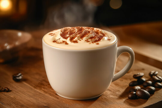 A steaming cup of cappuccino with frothy milk and a dusting of cocoa on a wooden table surface