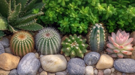 Fototapeta premium A diverse collection of cacti is showcased on a bed of pebbles, accentuated by vibrant green plants in a sunny garden