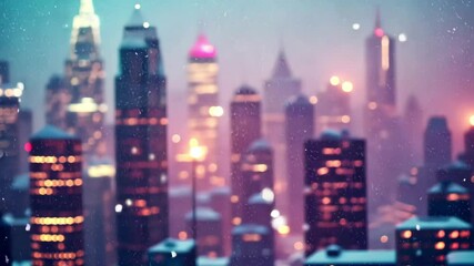 Winter skyline blanketed in snow with soft lighting and city warmth at dusk, City landscape with winter skyline and snow a soft blurred background