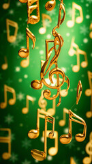 Golden music notes hanging on strings with festive green background glow