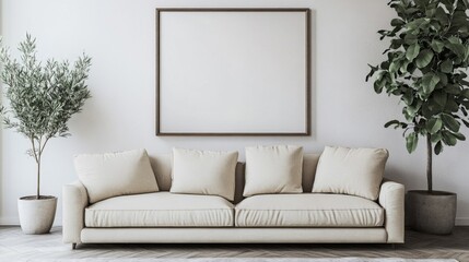 Beige Sofa in Minimalist Living Room with Plants