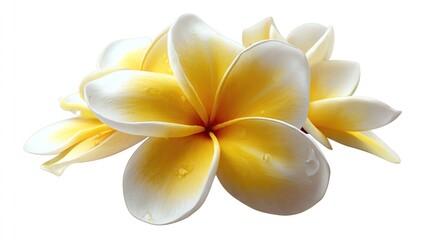 Two yellow and white Plumeria flowers with water droplets on petals, isolated on white background.