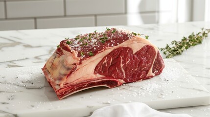Fresh Premium Cut of Ribeye Steak on Marble Cutting Board