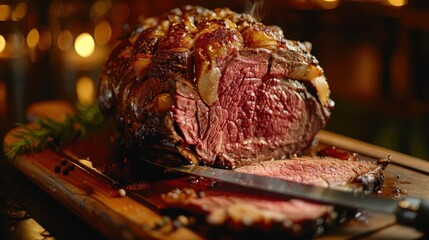 Juicy Roast Beef on Wooden Cutting Board with Herbs and Glaze