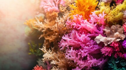 Vibrant coral formations in various shapes and colors thrive in a lively underwater ecosystem, demonstrating marine biodiversity