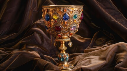 Ornate Golden Chalice with Colorful Jewels on Silk Fabric Background