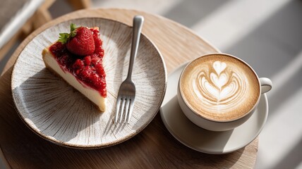 Top-down view of berry cheesecake with frothy cappuccino on rustic wooden table in natural cafe lighting