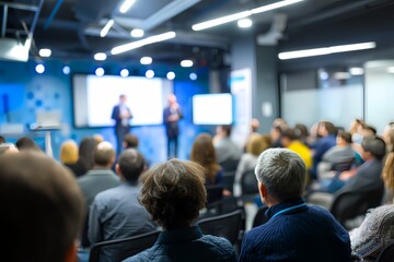 Fototapeta premium Conference Presentation: Attentive audience listens intently to speakers during a business conference or seminar in a modern, well-lit venue.