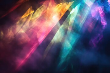 Abstract background with vibrant, multicolored light streaks and smoky textures.