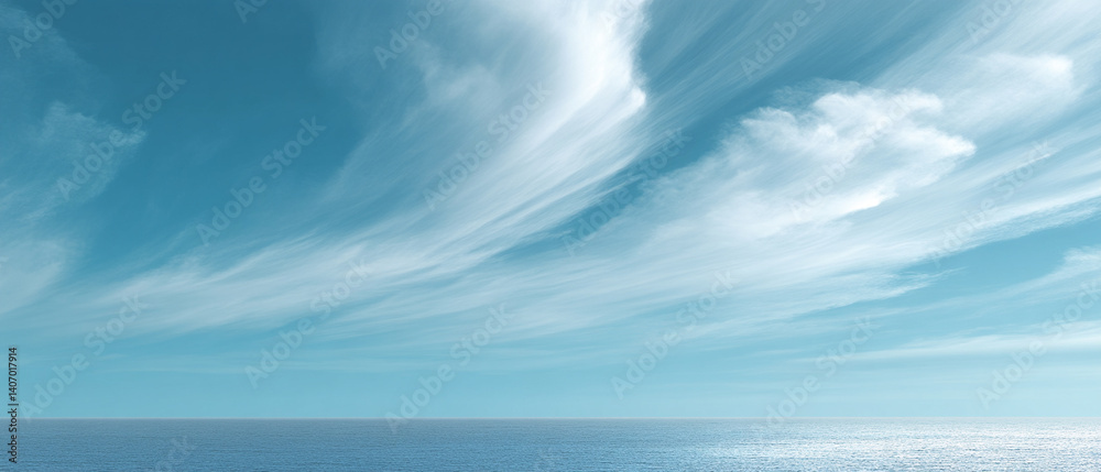 Poster sky with mix of fluffy and wispy clouds over serene ocean horizon