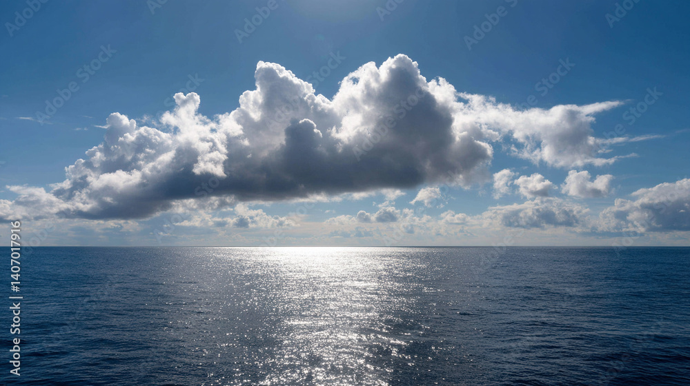 Poster sky with scattered clouds casting shadows on ocean, creating serene and peaceful scene