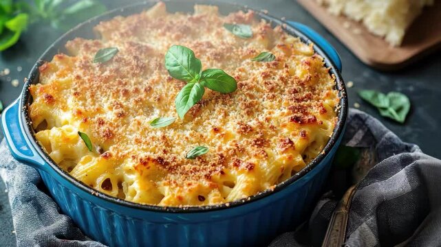 Baked pasta casserole topped with golden breadcrumbs and fresh basil served in a blue dish, Delicious baked pasta casserole with golden breadcrumb topping in blue ceramic dish