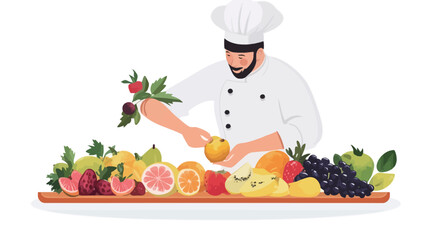 A digital illustration depicts a male chef, wearing a white chef's uniform and hat, meticulously arranging a colorful assortment of fruits on a long, wooden board. The fruits include oranges