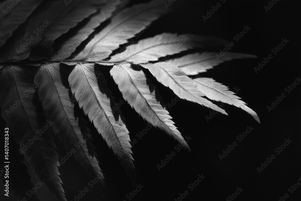 Poster close up of fern leaf in black and white, showcasing its intricate patterns and textures