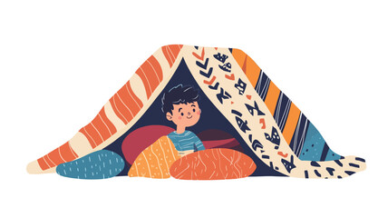 A digital illustration depicts a young boy sitting inside a blanket fort. The fort is constructed from various blankets and throws with different patterns and colors including stripes and geometric