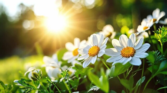 Sunlit Daisy Delight: A vibrant close-up captures a row of pristine daisies basking in the warm glow of the sun, petals open and radiant. A visual symphony of nature, celebrating beauty, peace.