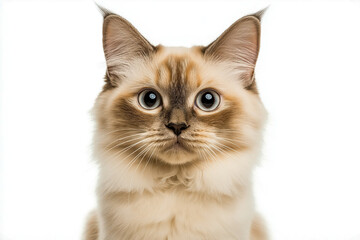 Fototapeta premium Close up portrait of a ragdoll cat with big blue eyes against a plain white studio background look at camera