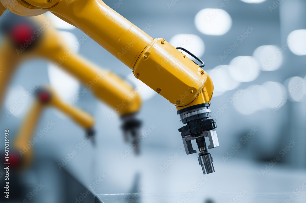 Poster robotic arms assembling electric car batteries in factory setting