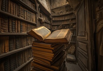 Obraz premium Ancient library, stacked books