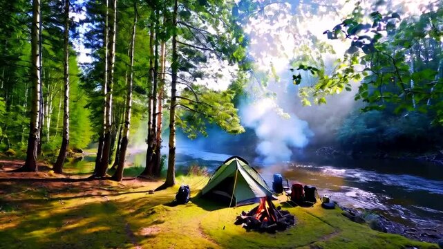 Camping Scene: Tranquil campsite nestled by a river, where adventure and relaxation intertwine amidst towering trees and gentle sunlight.